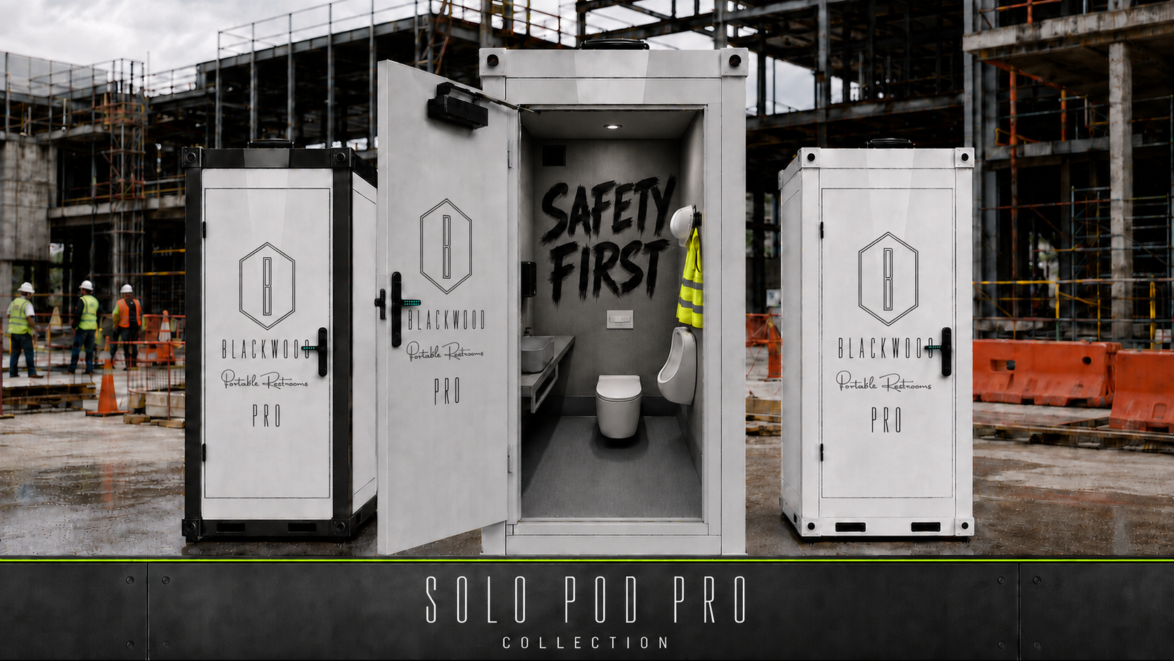 Blackwood Solo Pod Pro Collection modular restrooms at a construction site