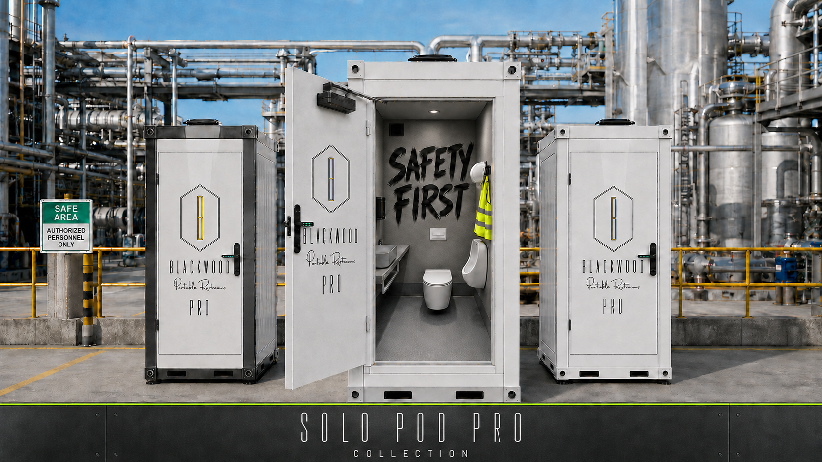 Blackwood Solo Pod Pro Collection modular restrooms at an industrial facility