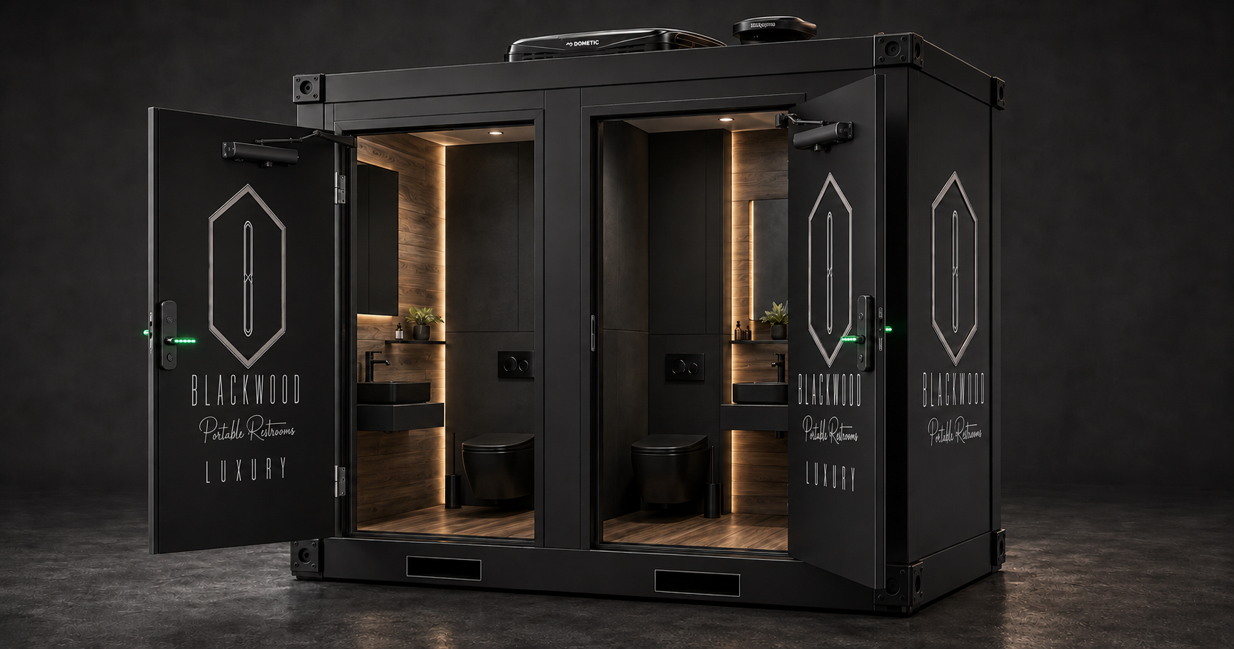 Angled view of a black Blackwood luxury restroom