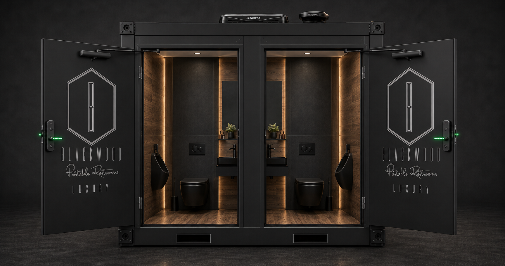 Black Blackwood luxury restroom with two premium interiors